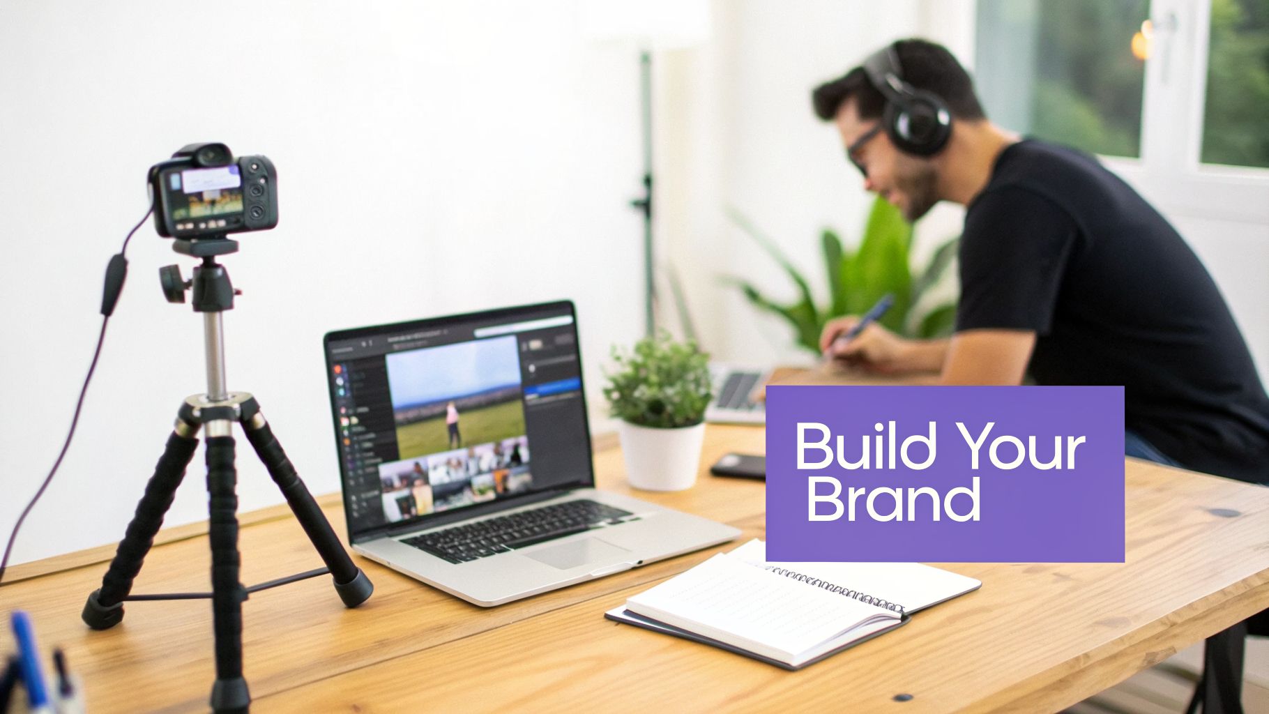 A man with headphones works on a laptop next to a camera on a tripod, with 'Build Your Brand' overlay.