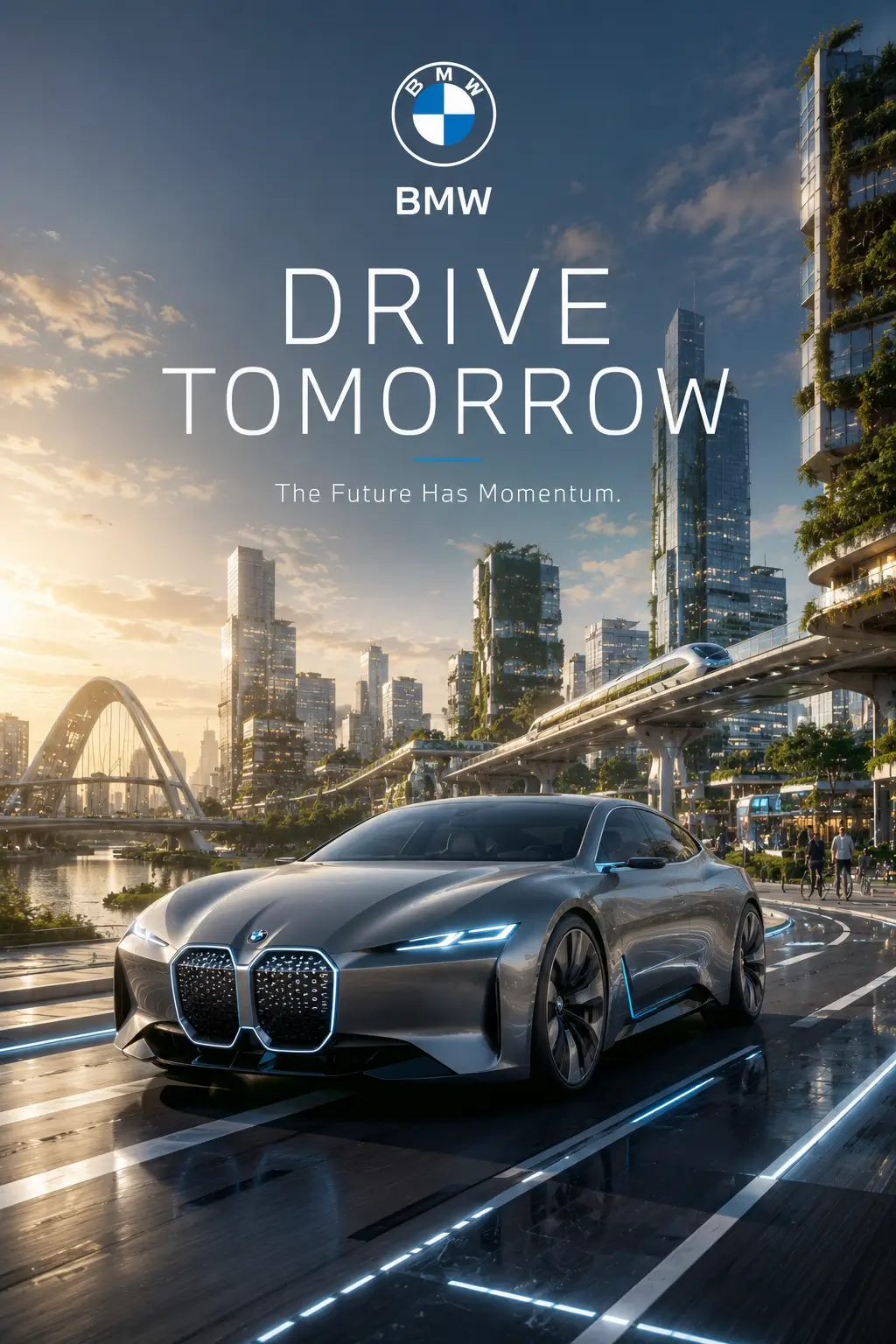 AI-generated BMW automotive poster showing a premium car in a futuristic blue cityscape, emphasizing elegance, technology, and motion.