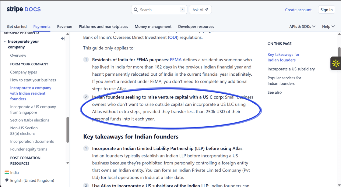 Screenshot of Stripe's Indian Founder Guide, point two: small business owners who don't want to raise outside capital can incorporate a US LLC using Atlas without extra steps, provided they transfer less than 250k USD of their personal funds into it each year.