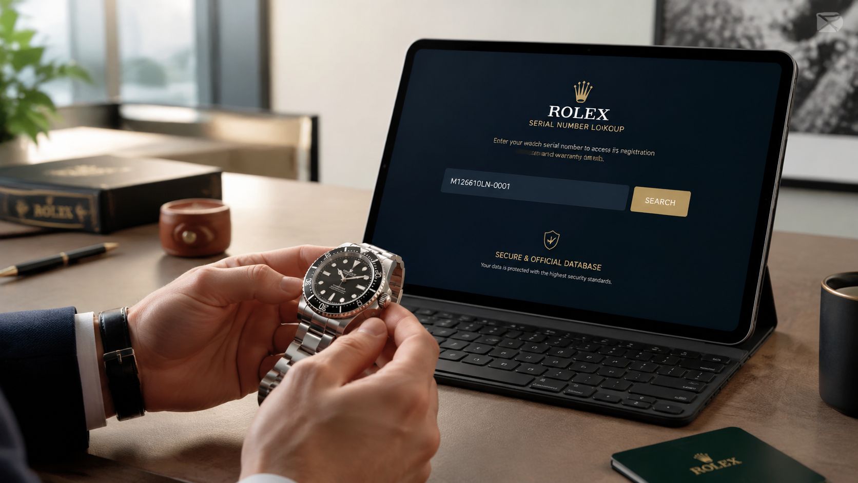 A person checking a Rolex watch against a digital serial number lookup database on a tablet.