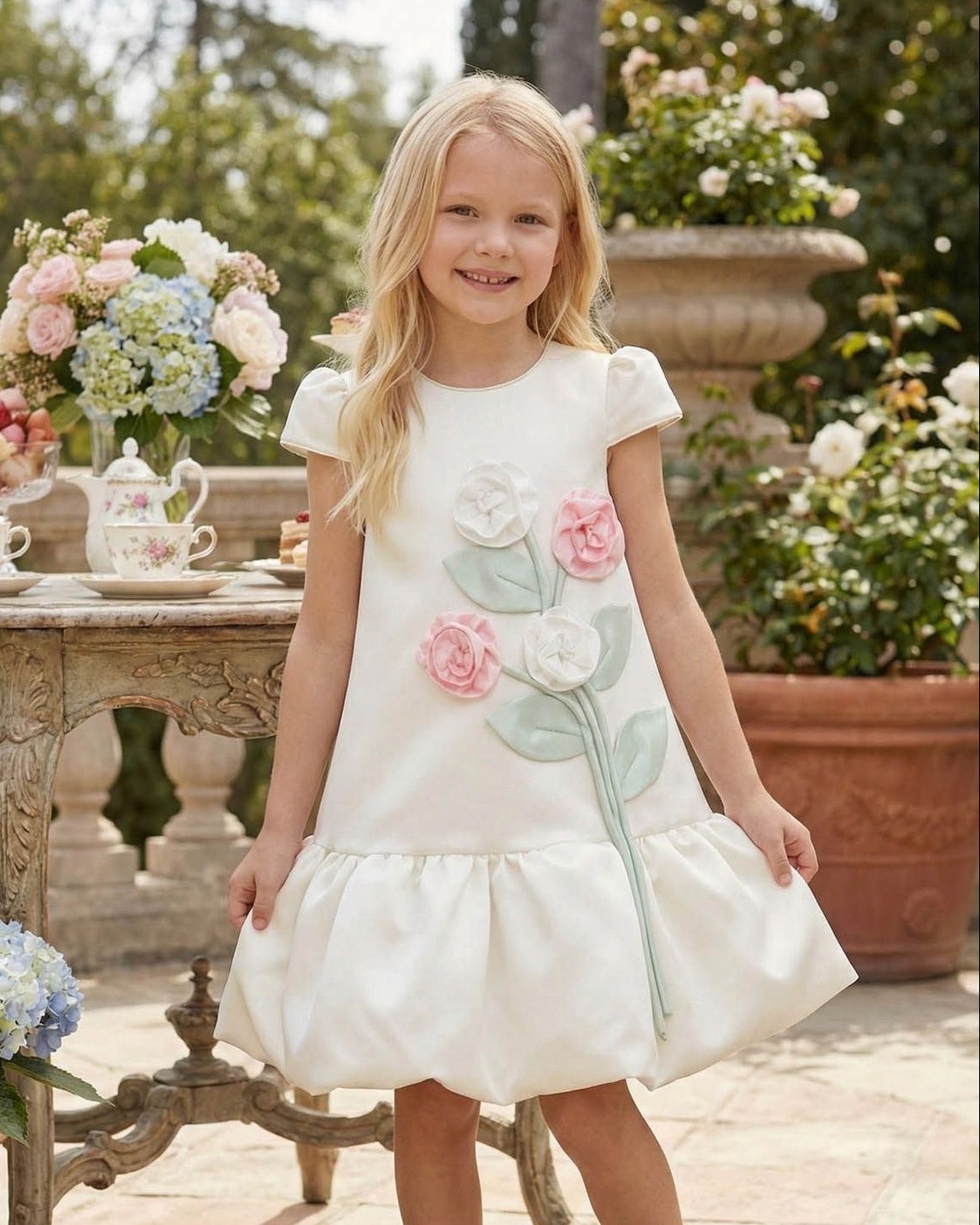 Young girl in a white dress with floral designs standing outdoors in a garden setting.