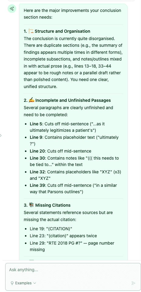 Coauthor AI feedback identifying structural problems and missing citations in a manuscript conclusion