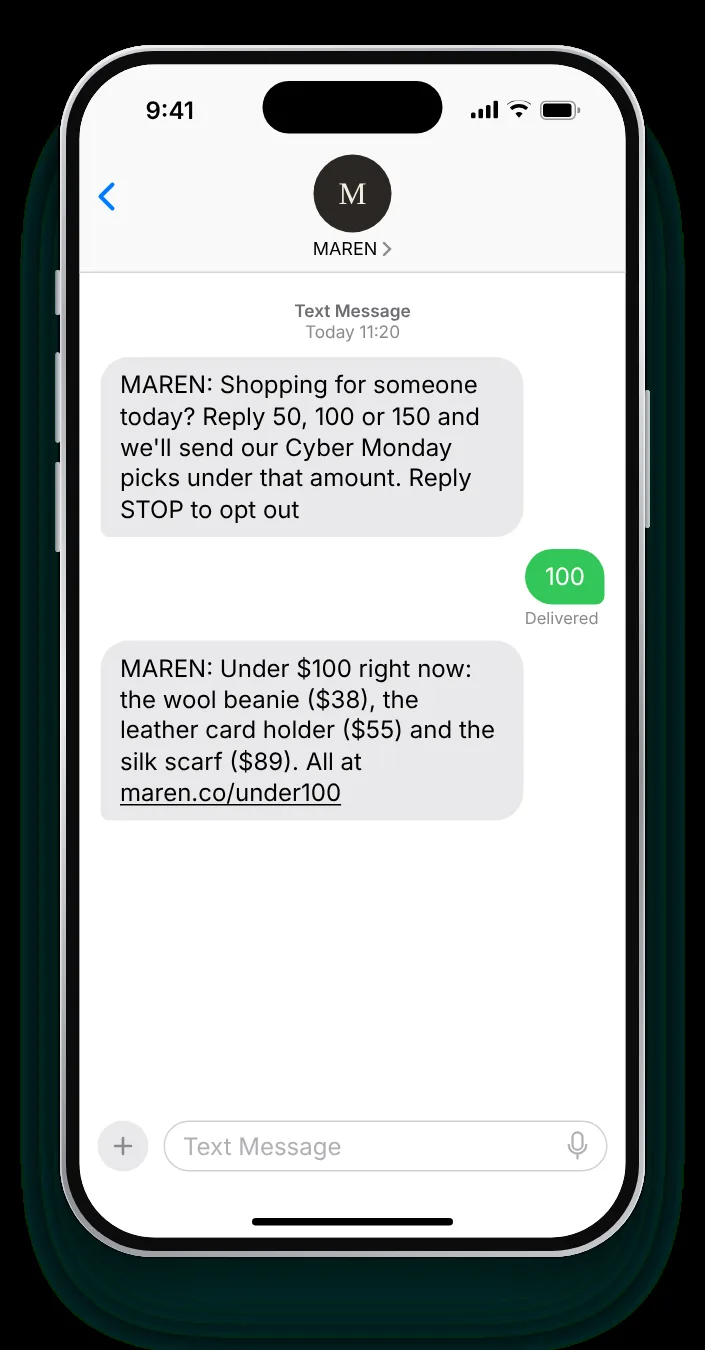 Send a number, get three picks Cyber Monday text on an iPhone