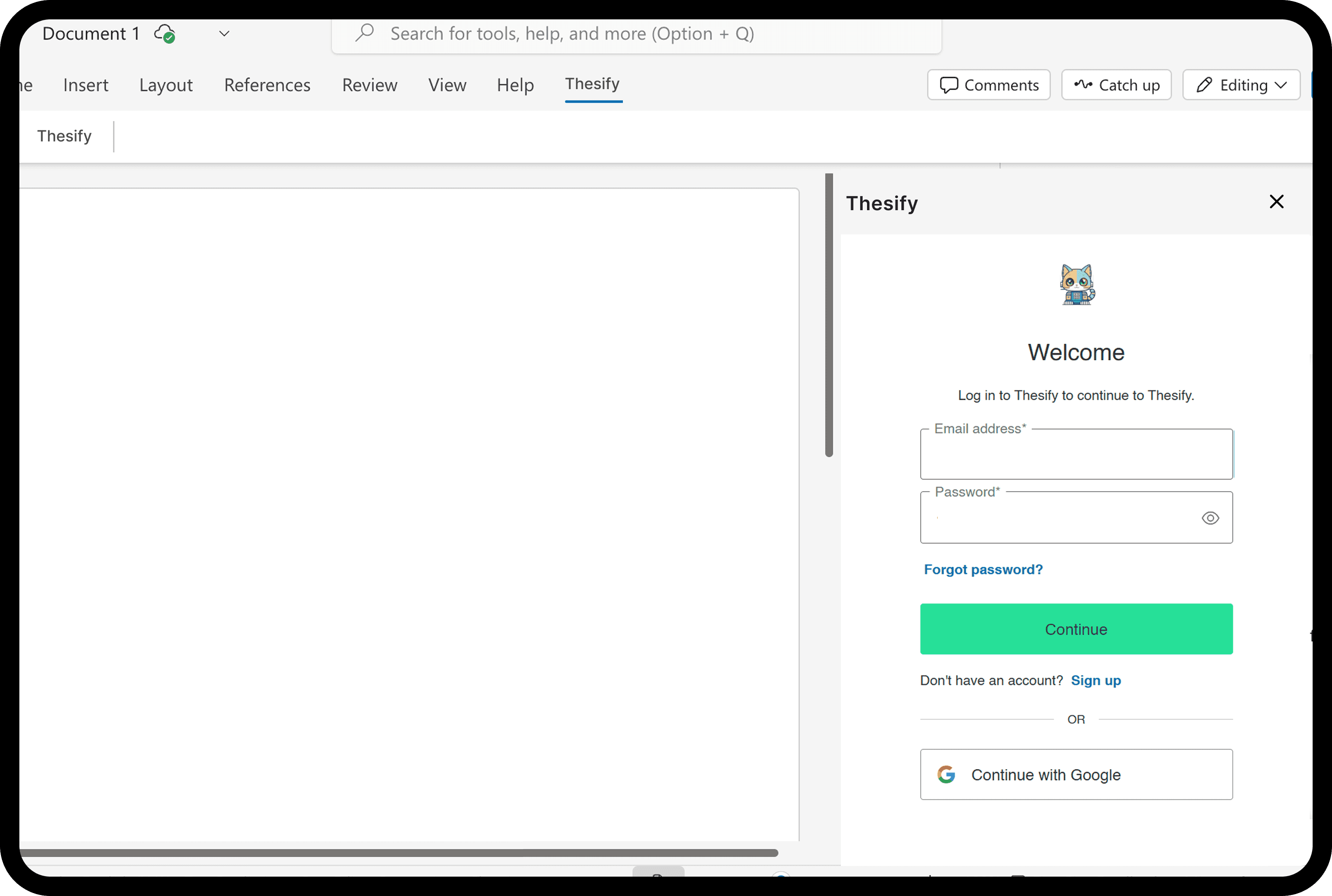 Showcase of how to login to thesify in Word