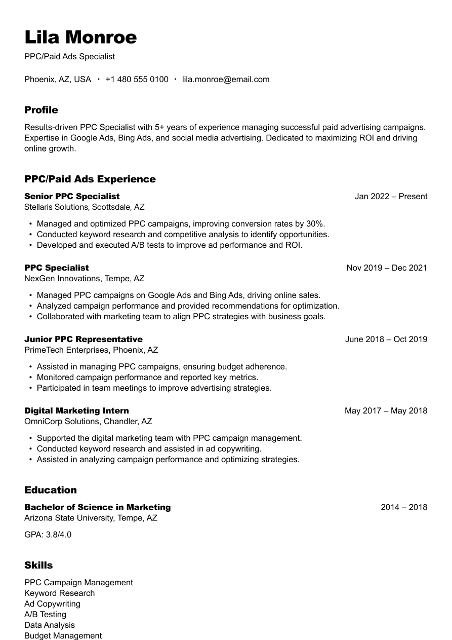 PPC specialist resume example