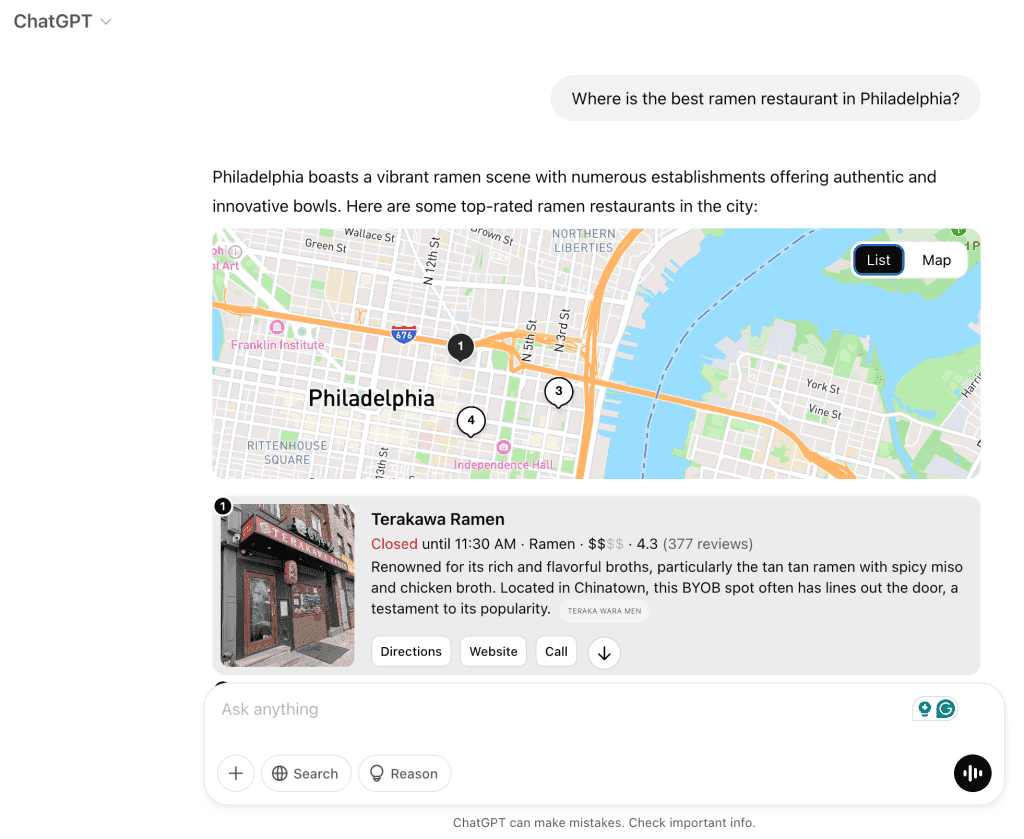 A screenshot from Chat GPT. The query is "Where is the best ramen restaurant in Philadelphia?". The AI-generated answer shows a map of Philadelphia, plus numbered locations of restaurants.