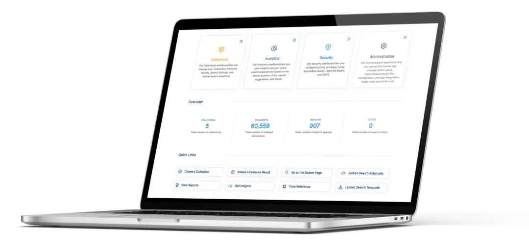 SearchBlox admin dashboard on a laptop