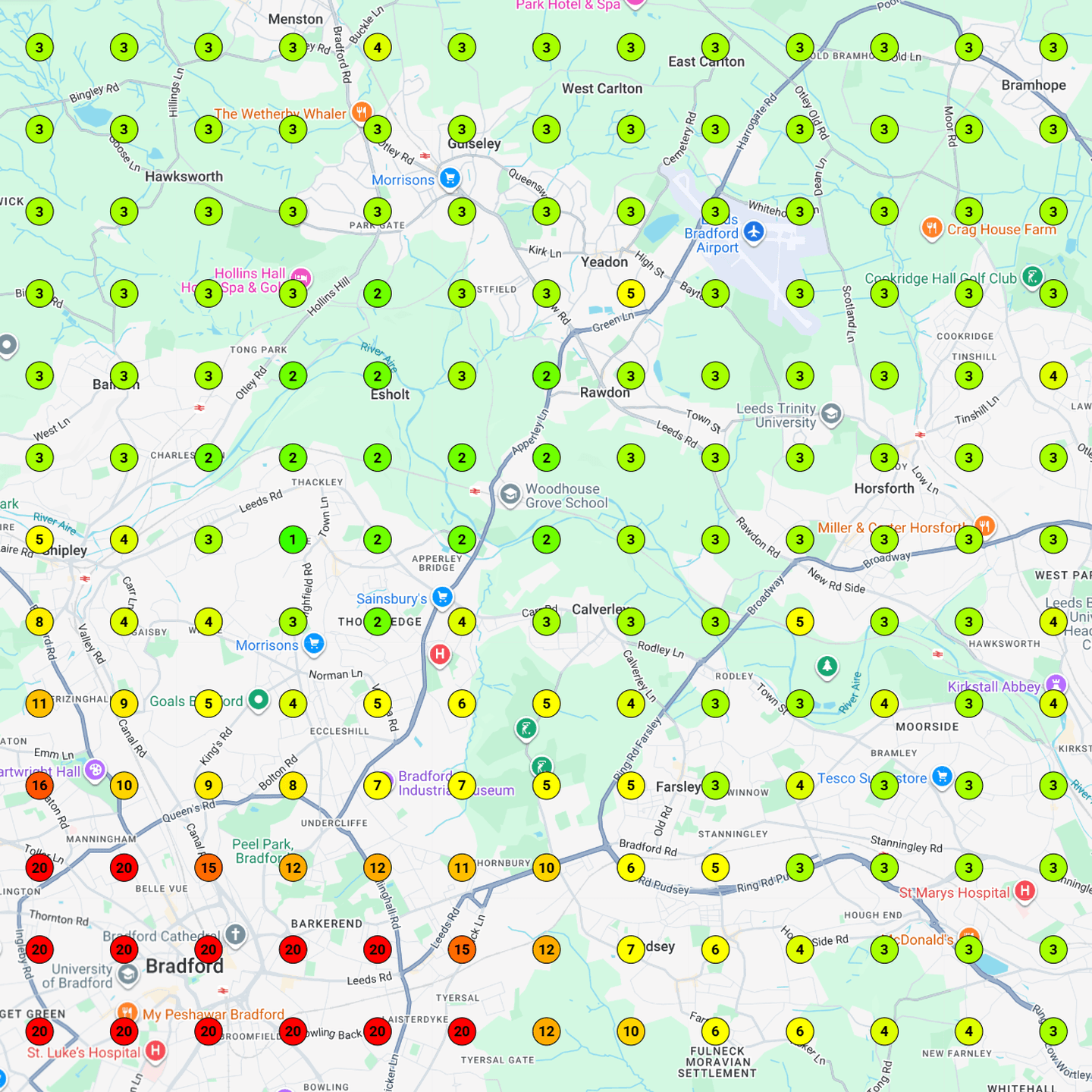 Map scan on 20 March 2026 for boiler installation across the core service area north of Bradford, with Direct Boilers in the top three across most of the map