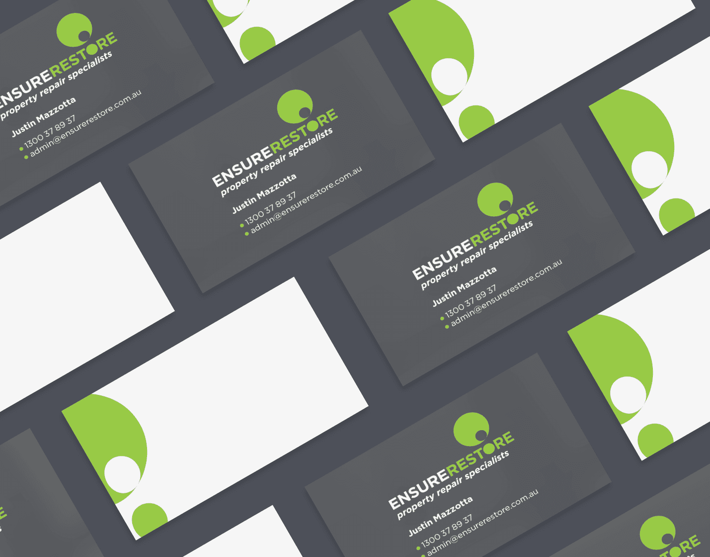 Image of branded green and grey business cards