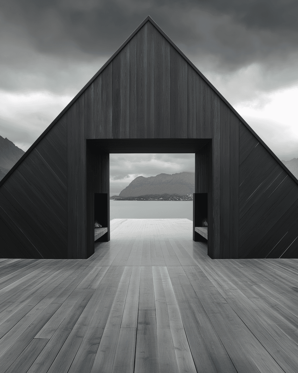 A triangular black structure with an open doorway, set against a moody, overcast sky and a calm body of water.