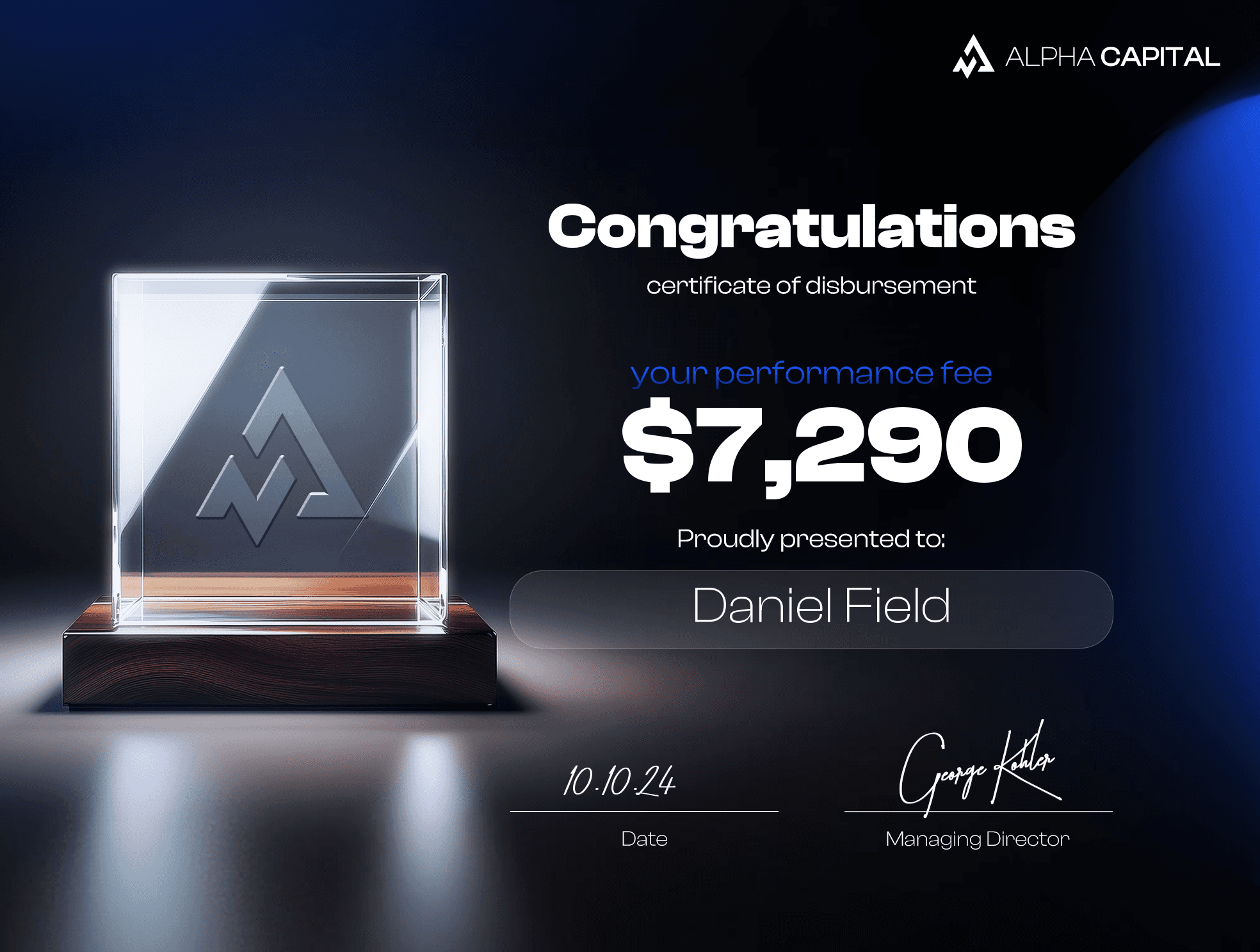 Alpha capital group showing a verified payout of $7200