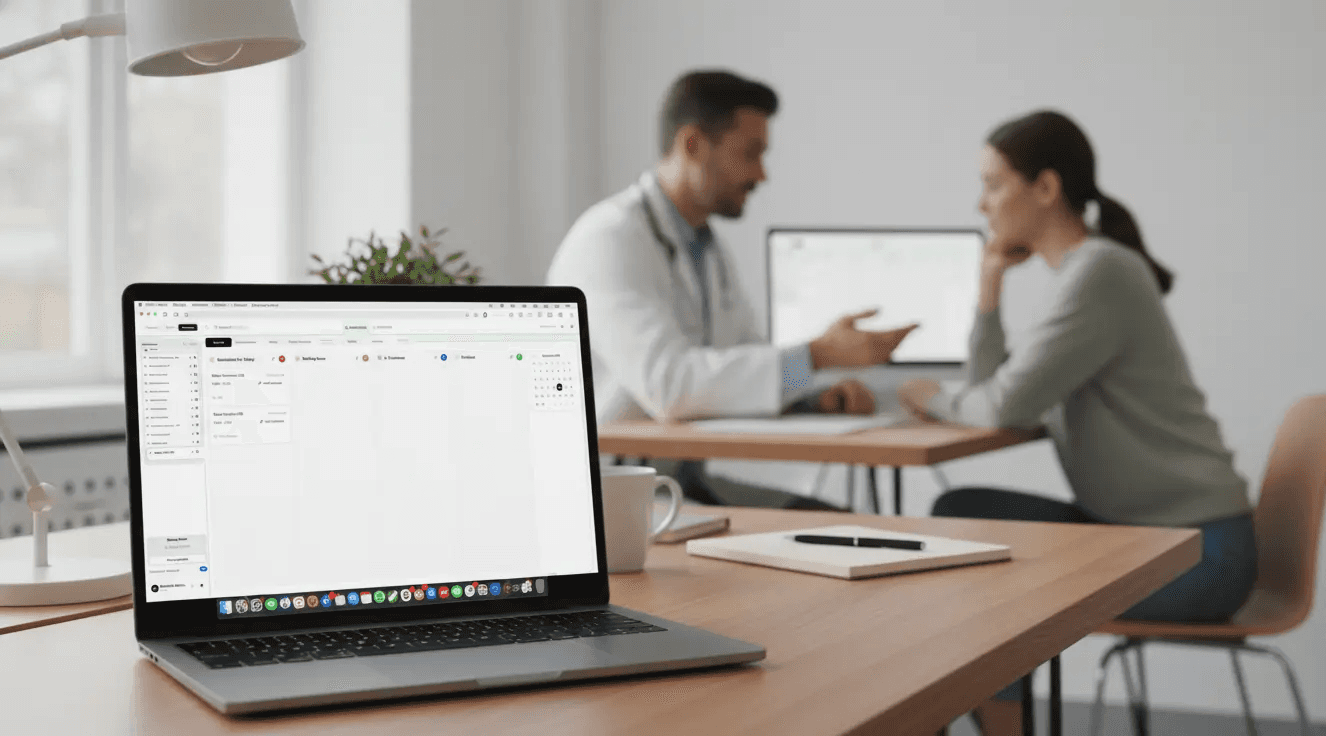 Doctor and patient discussing health records at a desk. Laptop in foreground.