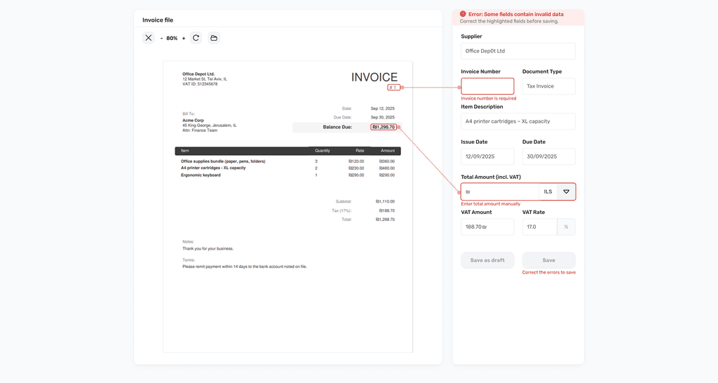 Invoice scanning error state with invalid highlighted fields