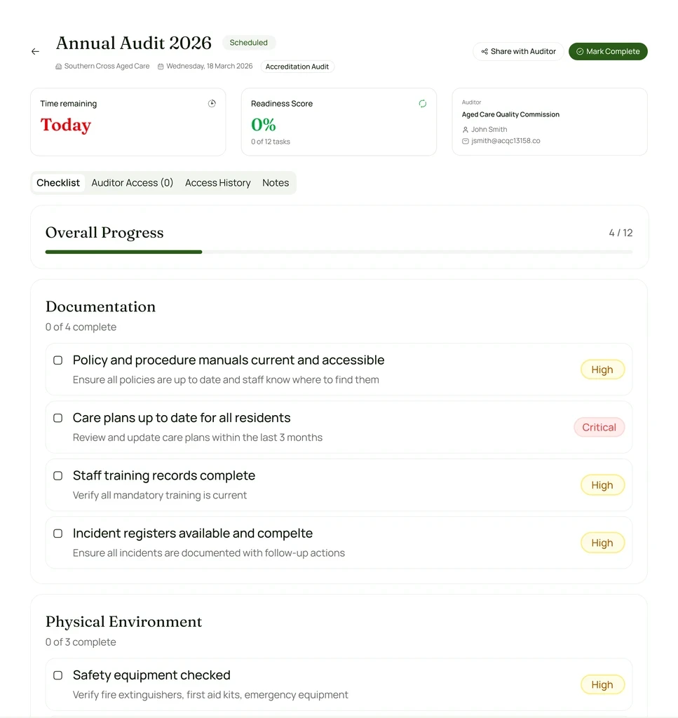 Audit pack interface showing readiness overview, standards progress, and export options