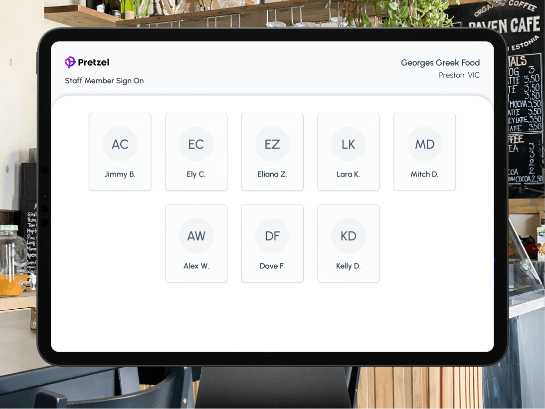 Pretzel POS Shown in cafe where staff can sign in to the POS.