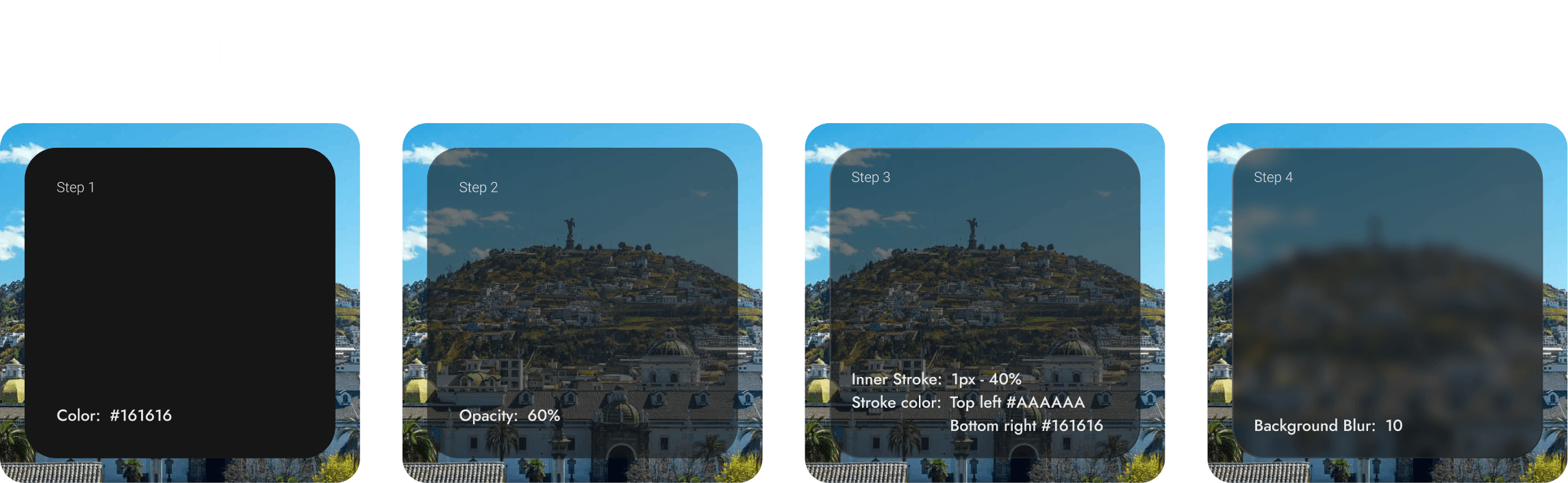 Glassmorphism UI design steps showing opacity, blur, and stroke effects applied to card components.