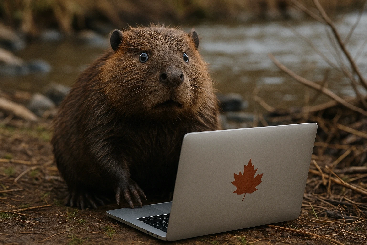 Castor olhando para um laptop com adesivo de folha de bordo, sentado perto de um rio.