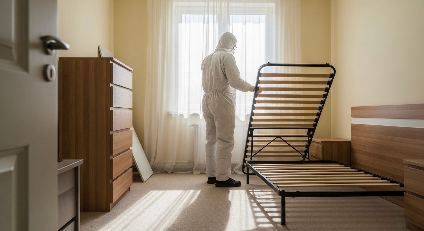 Technician in full protective gear performing insecticide spray treatment inside a facility