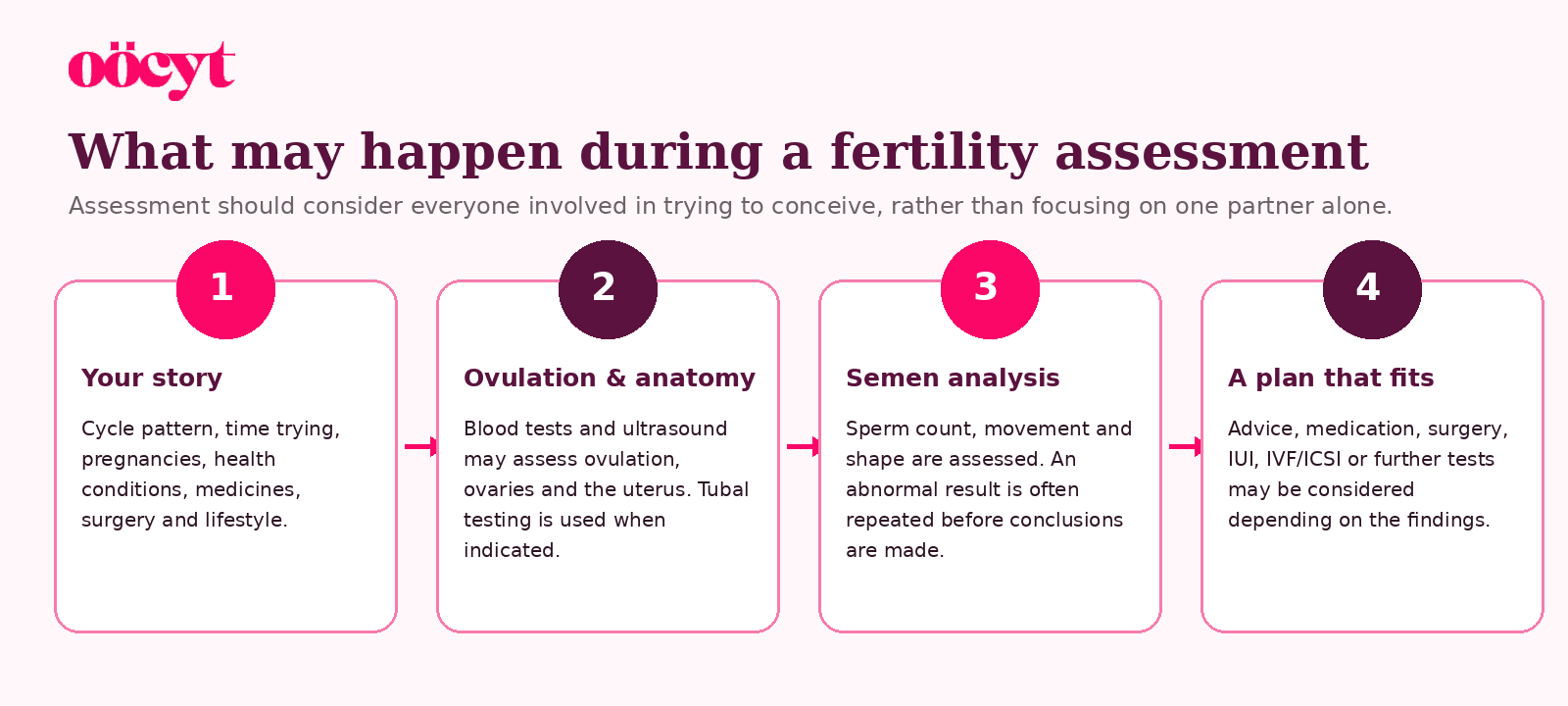 Four steps show clinical history, ovulation and anatomy assessment, semen analysis and a personalised treatment plan.