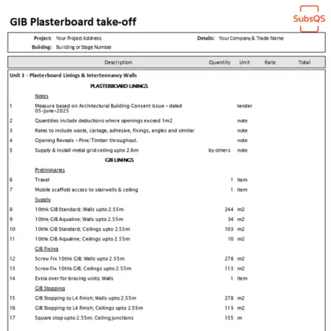 GIB Wallboard linings quantities take-off in CostX by SubsQS