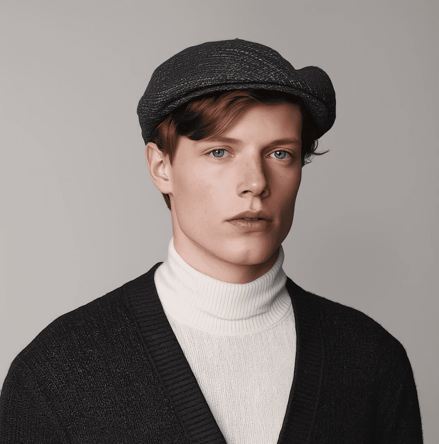 Young person with short hair wearing a dark flat cap, black cardigan, and white turtleneck, exuding a calm and composed expression against a plain background.