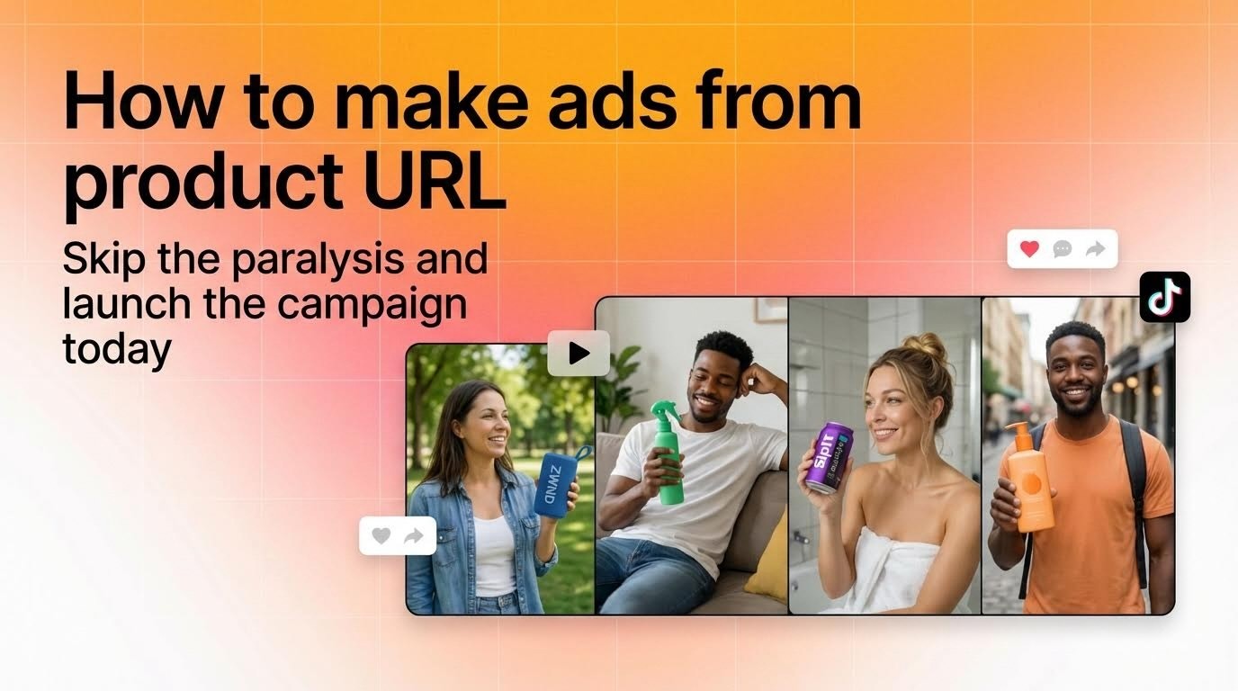 製品URLから広告を作成する方法。ビジュアル：様々なインフルエンサーがカメラで製品を紹介します。