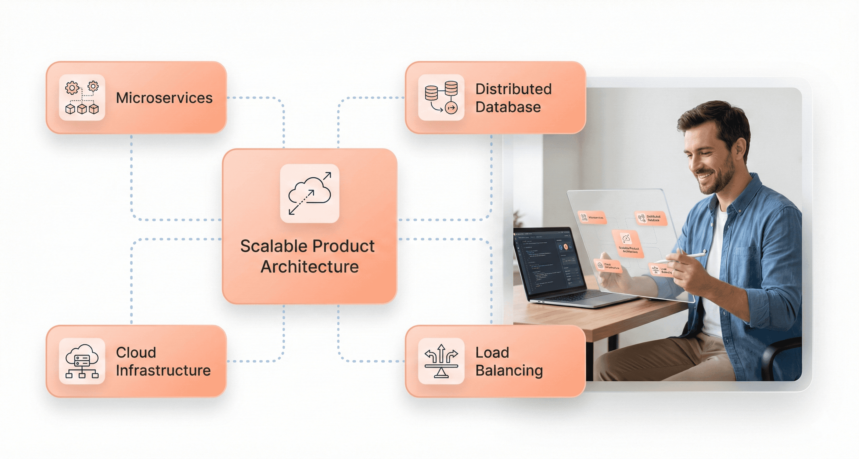 Scalable product architecture diagram with microservices cloud infrastructure and distributed systems