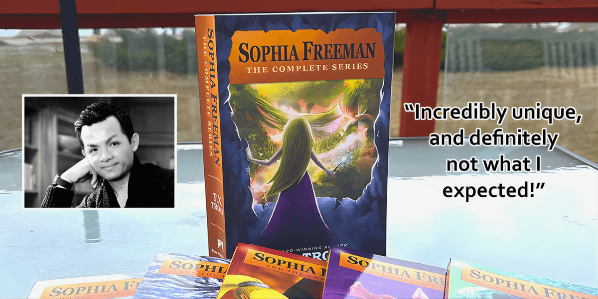 T.X. Troan, award-winning author of the Sophia Freeman series, with his books and a testimonial highlighting its unique adventure
