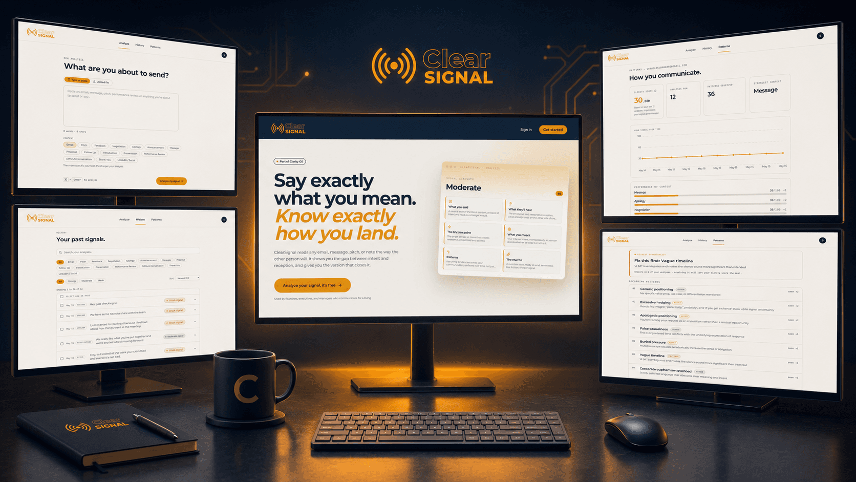 ClearSignal desktop presentation showing all screens