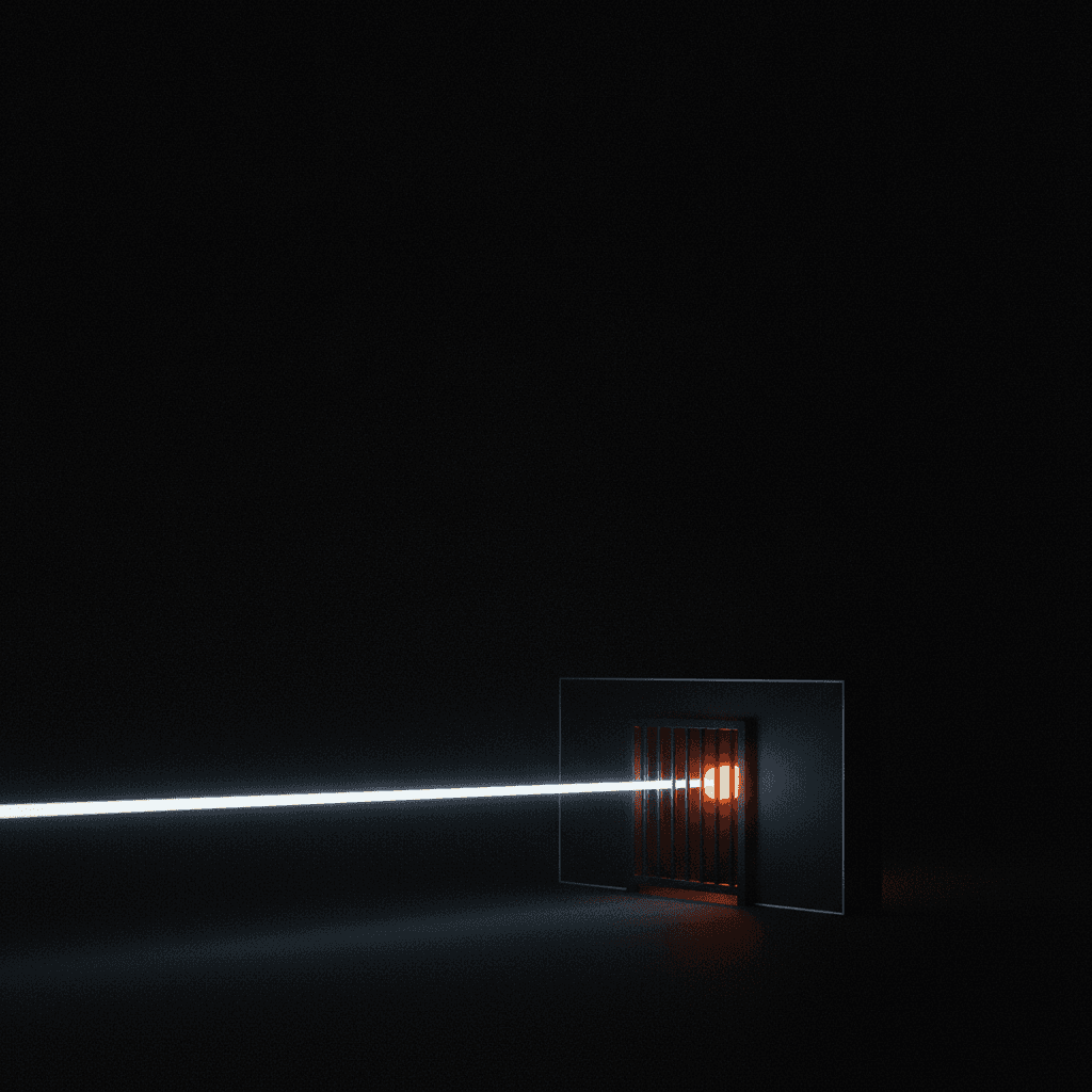 Single thin line of orange light bisected by a control gate against deep black void