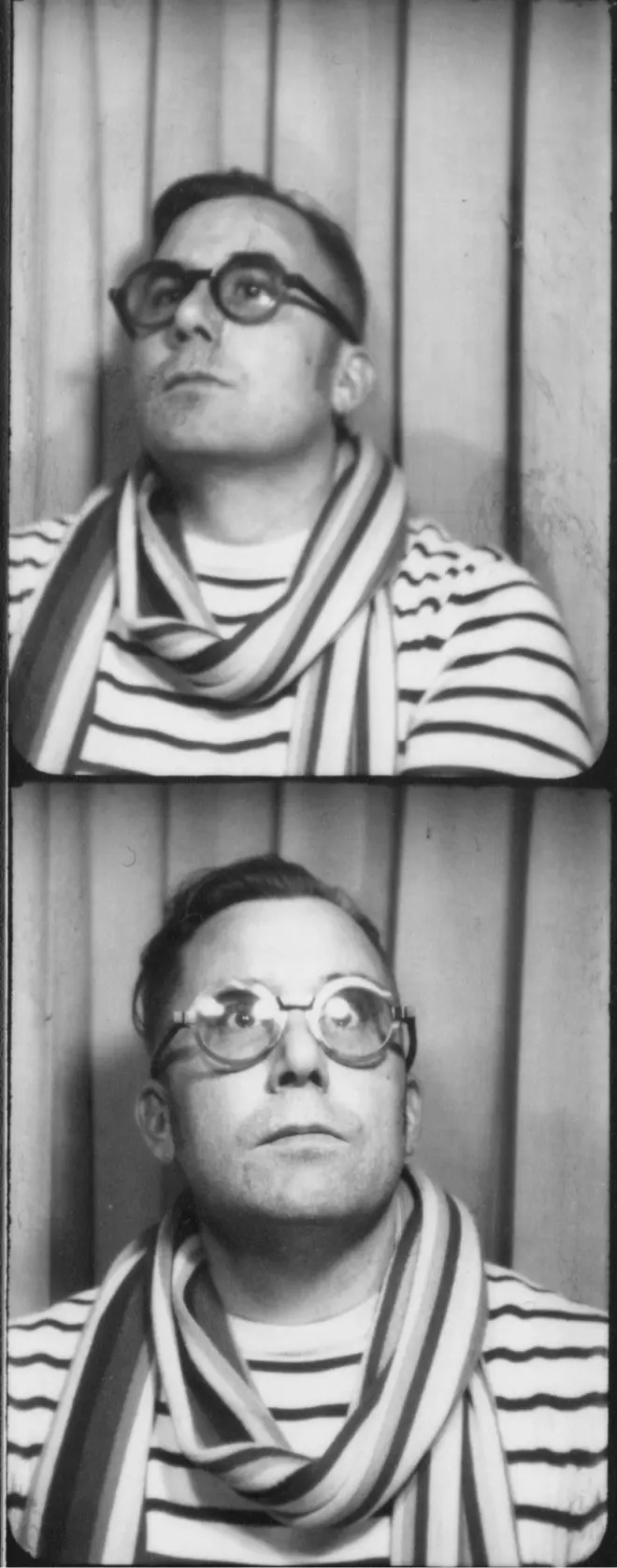 Rob Harrigan in glasses and a striped scarf gazes upwards in two vertically arranged black-and-white portrait photos against a curtain backdrop.