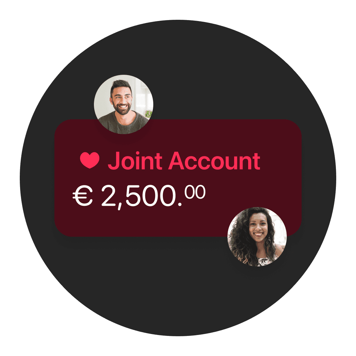 Graphic showing a joint account balance of €2,500 with two user icons above the text.