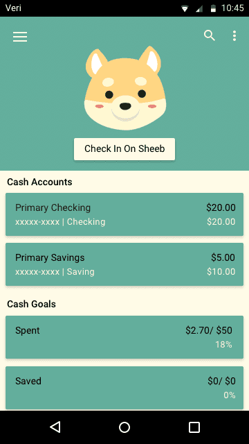 Mobile app interface displaying a savings goal tracker, with categories for rent, fun, and cash flow, topped by a Shiba Inu mascot icon.