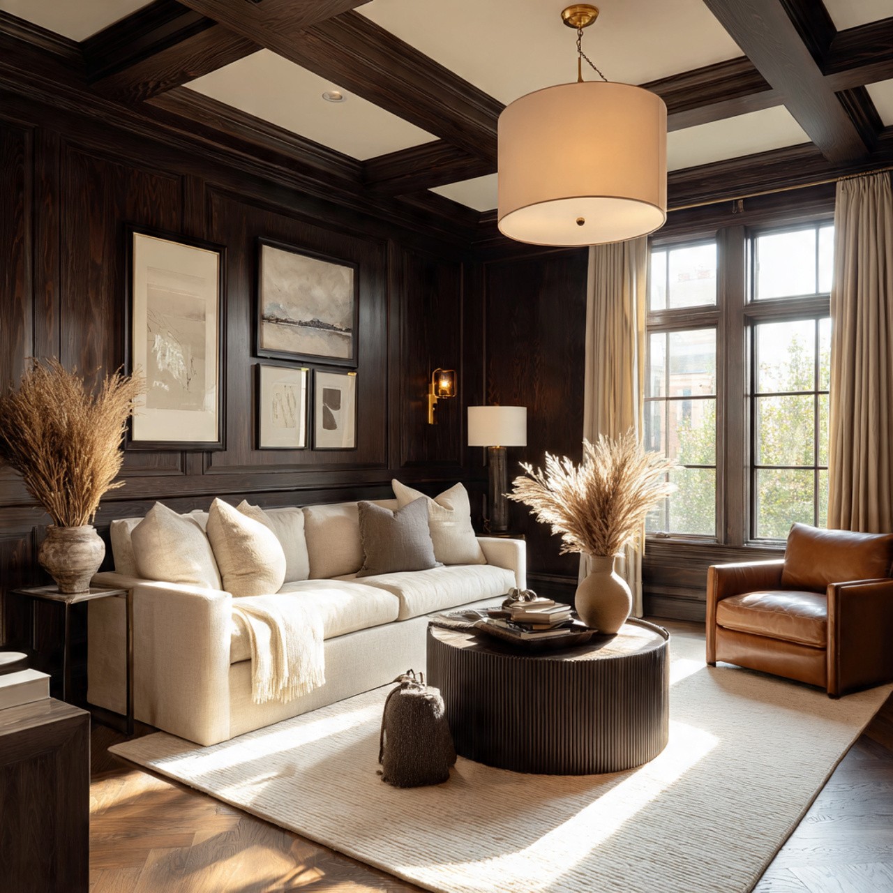 Elegant living room with dark wood paneling, beige sofa, leather chair, pampas grass centerpiece, large window, and soft lighting. Cozy and sophisticated ambiance.