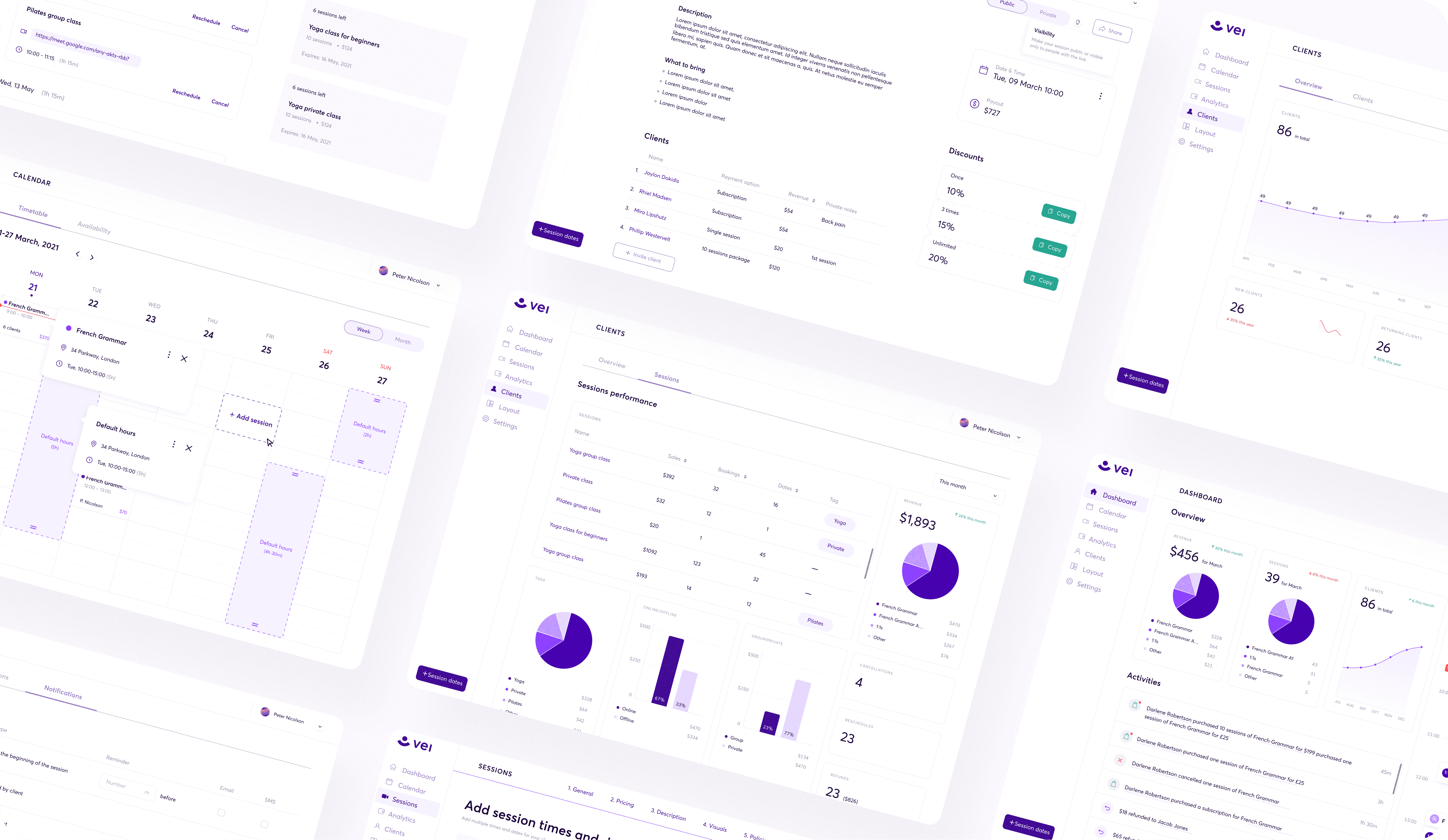 A collage of various dashboard and analytics screens from an application named "Vei." The screens display a calendar, session performance metrics, client overviews, session times, and financial summaries. Graphs, charts, and tables with purple accents are used to visualize the data. The left sidebar shows navigation options such as Dashboard, Calendar, Sessions, Analytics, Clients, Layout, and Settings.