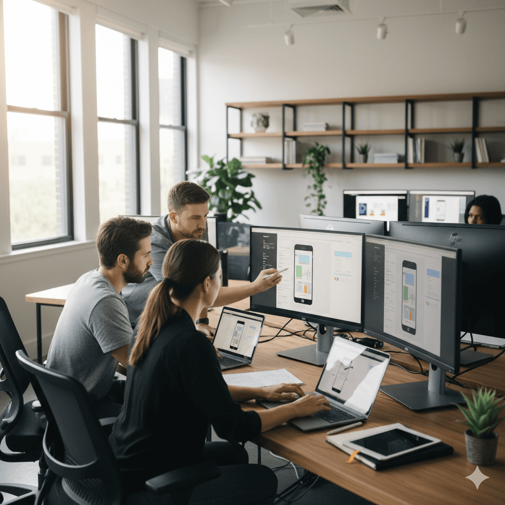 A diverse team collaborating around a whiteboard labeled "Adoption Action Roadmap" with flowcharts, process diagrams, and sticky notes. A person in a blue shirt is pointing to a section of the board while others are engaged in the discussion. The modern meeting space features large windows with natural light.