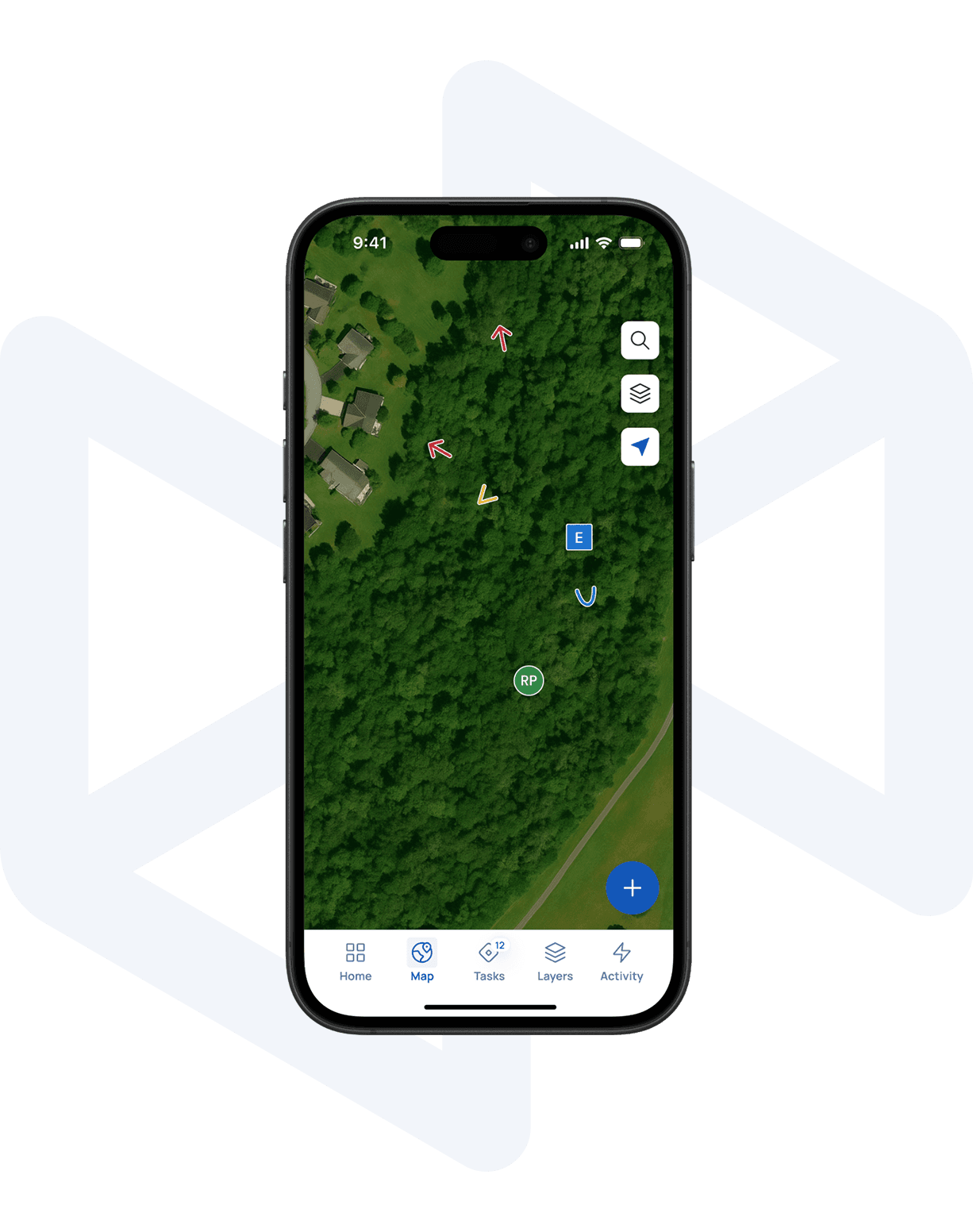 A smartphone displaying a map with various markers on a wooded area, featuring navigation icons and options at the bottom. The phone is centered on a white geometric background.