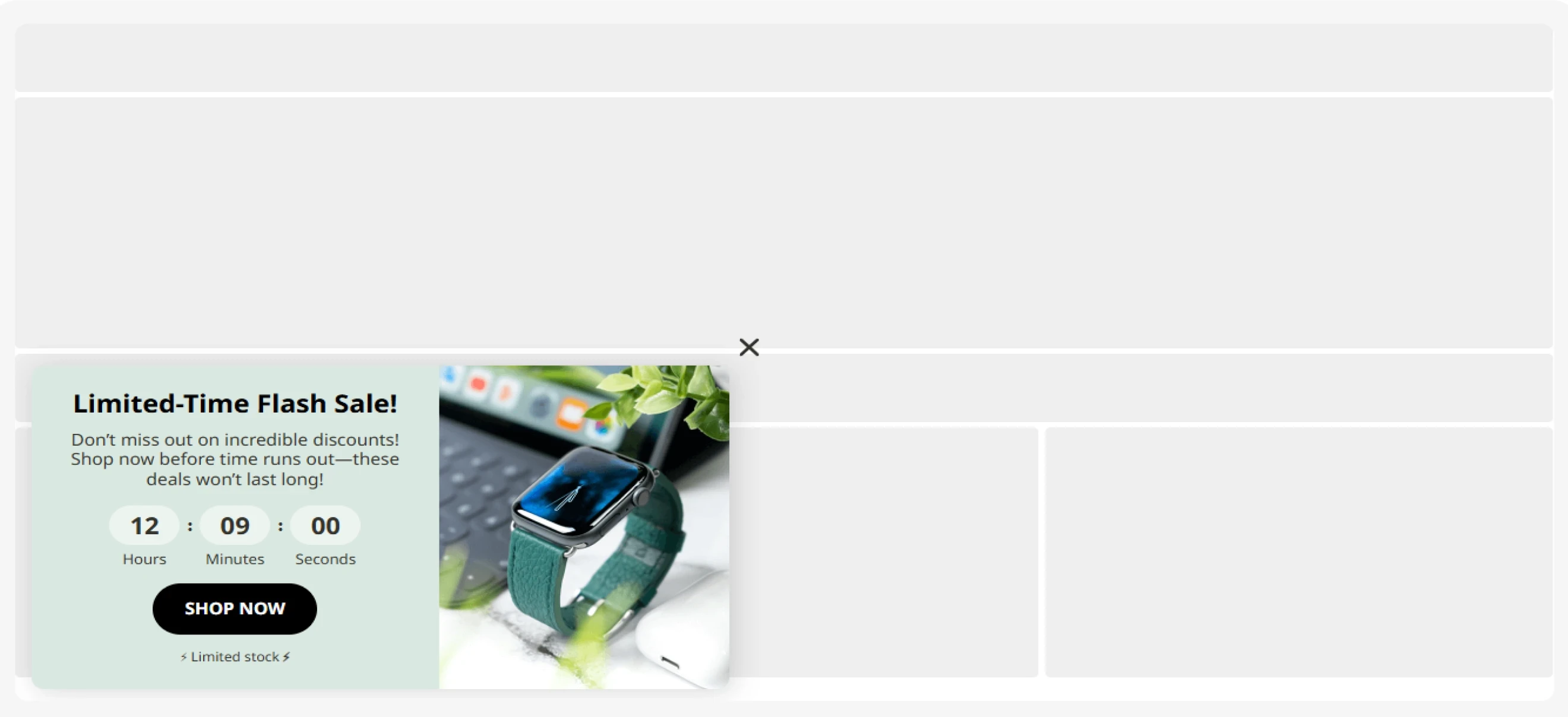 Claspo flash sale popup template featuring a countdown timer aimed at increasing sales.