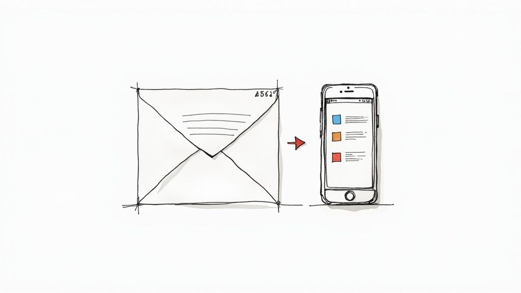 Ilustración: un sobre físico se convierte en mensajes digitales mostrados en un smartphone.