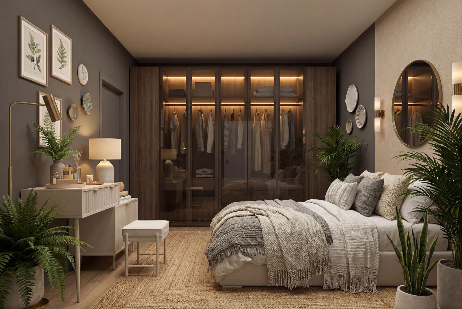 Rendering dell'ampia camera da letto con armadiatura in vetro a LED, anteprima del capitolato per i nuovi appartamenti a Torino e cintura (Collegno).