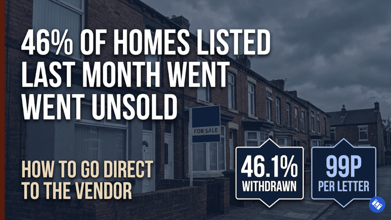 A UK terraced house with a For Sale board under an overcast sky — 46% of homes went unsold in May 2026, direct to vendor strategy for property investors