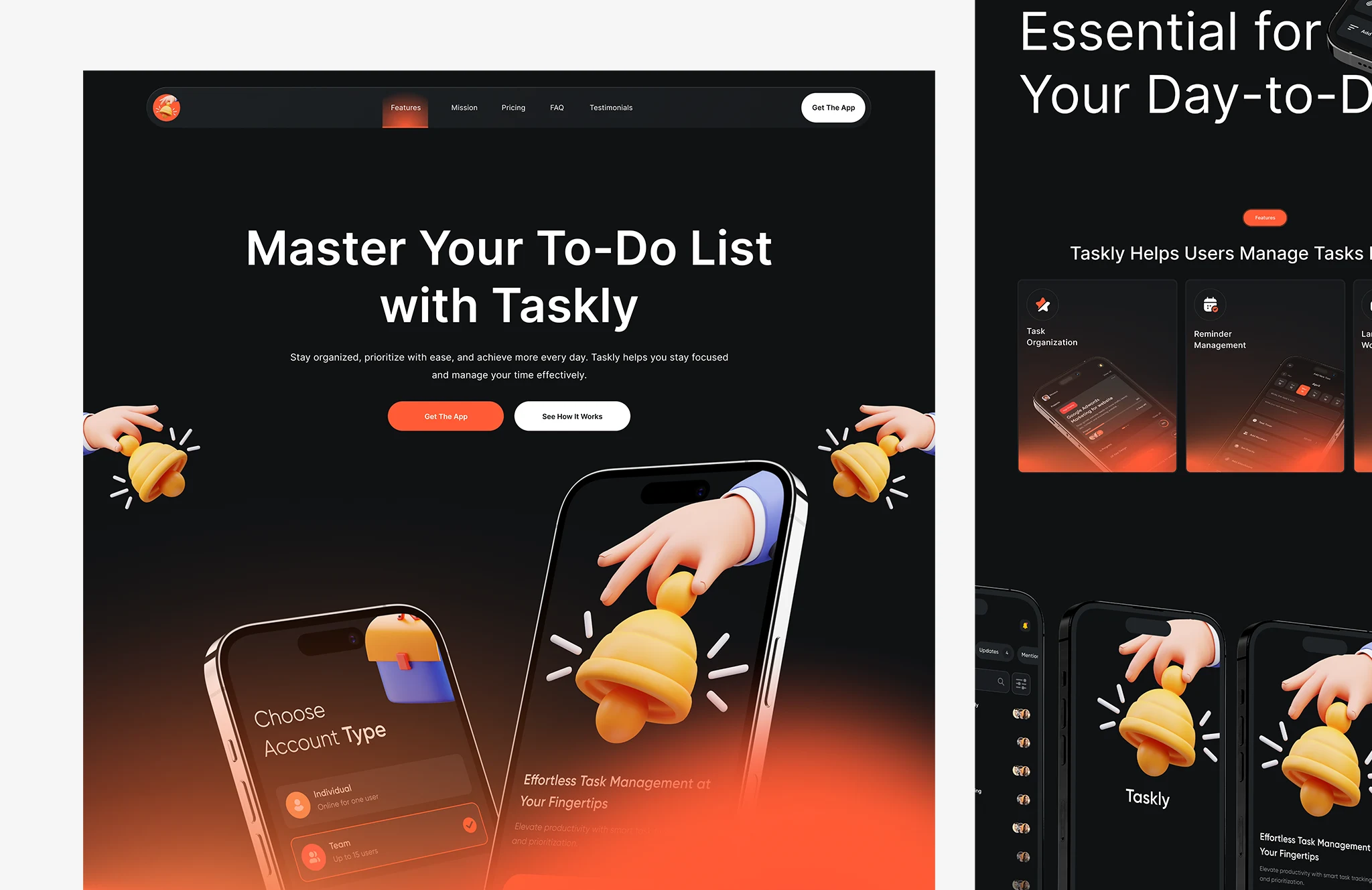 Task management app landing page design featuring productivity app UI, onboarding screens, and modern SaaS layout