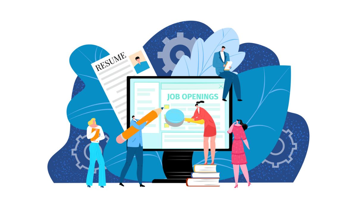Illustration of people reviewing job openings on a large computer screen, with resumes, magnifying glass, and documents symbolizing how candidates match their skills to job requirements.