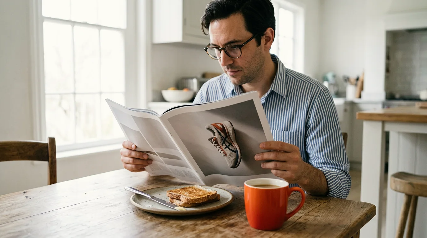 A man reading a large-format magazine spread at a kitchen table on a Sunday morning