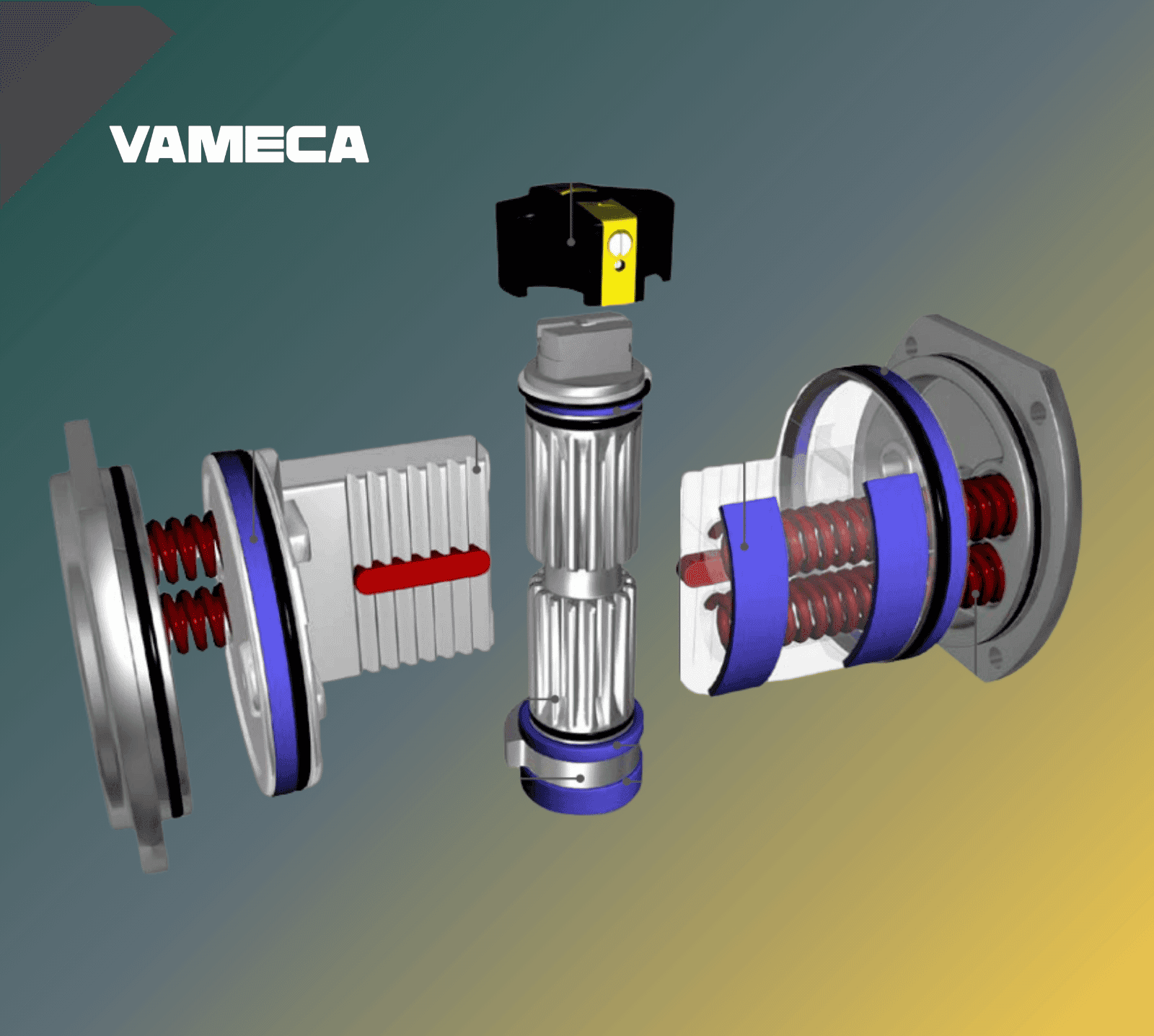 Schéma technique d’un actionneur pneumatique à pignon-crémaillère double effet et simple effet à ressort, conception industrielle VAMECA