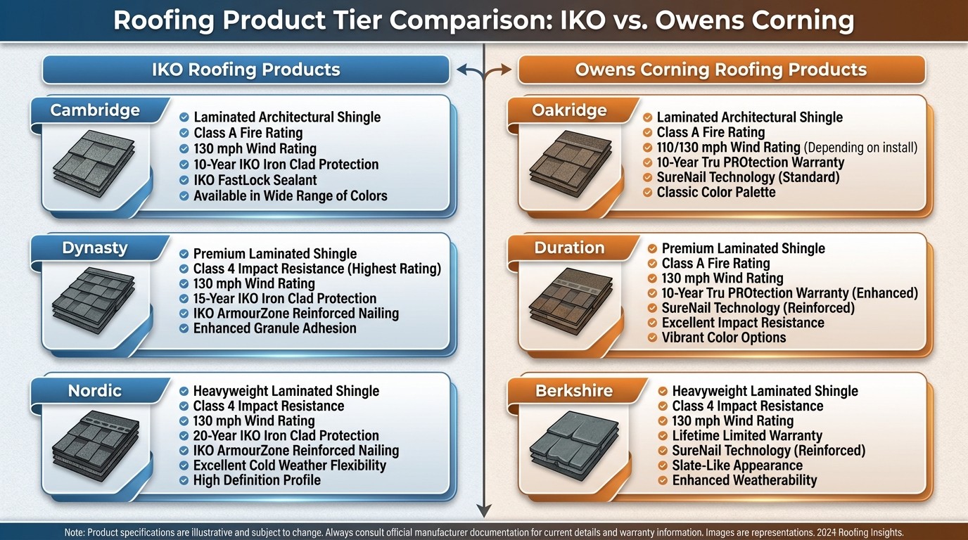 IKO vs Owens Corning product line comparison chart showing shingle tiers from entry-level to premium