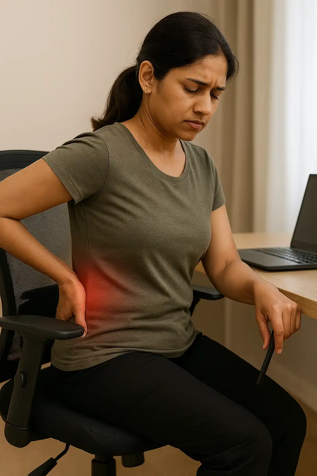Woman seated at a desk, leaning slightly forward and holding her lower back with a pained expression, with a red highlight showing lower back discomfort from poor ergonomics.