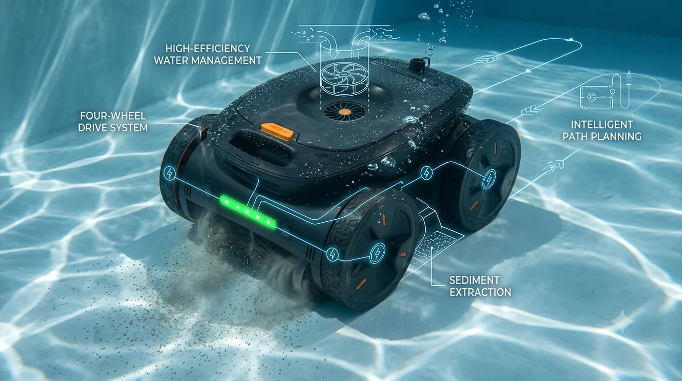 Purily Hydro robotic pool cleaner with smart energy management features