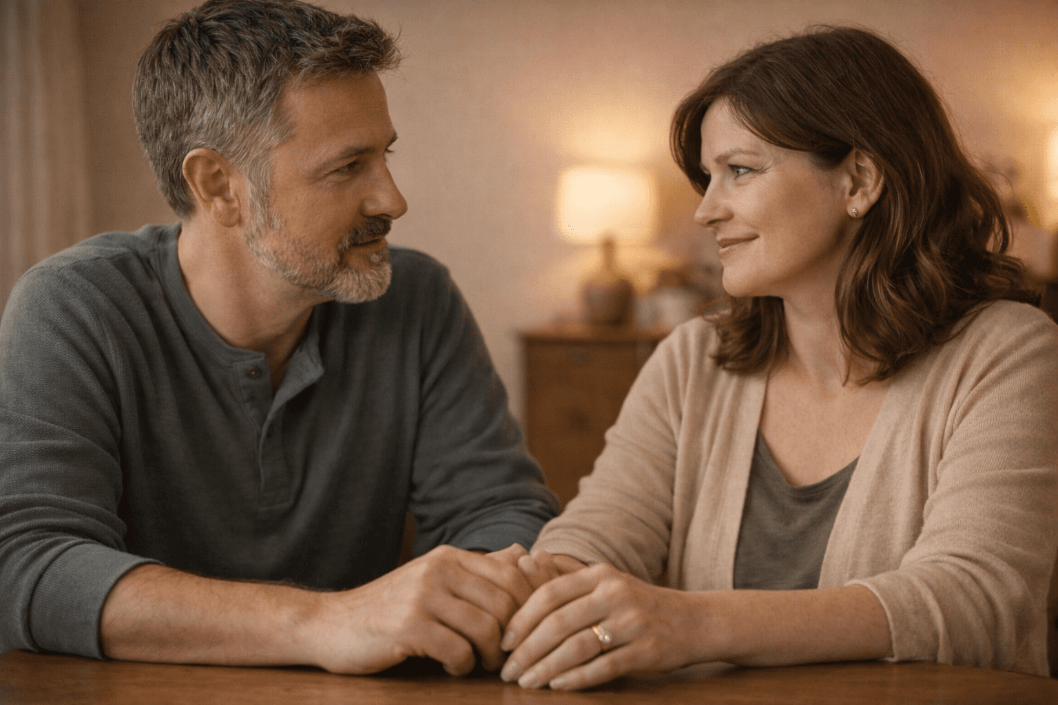 Couple having a calm and open conversation across a table