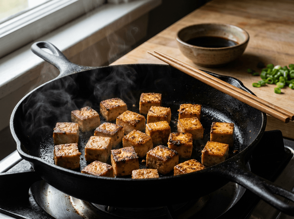 Crispy pan-fried tofu cubes in cast iron skillet with soy marinade
